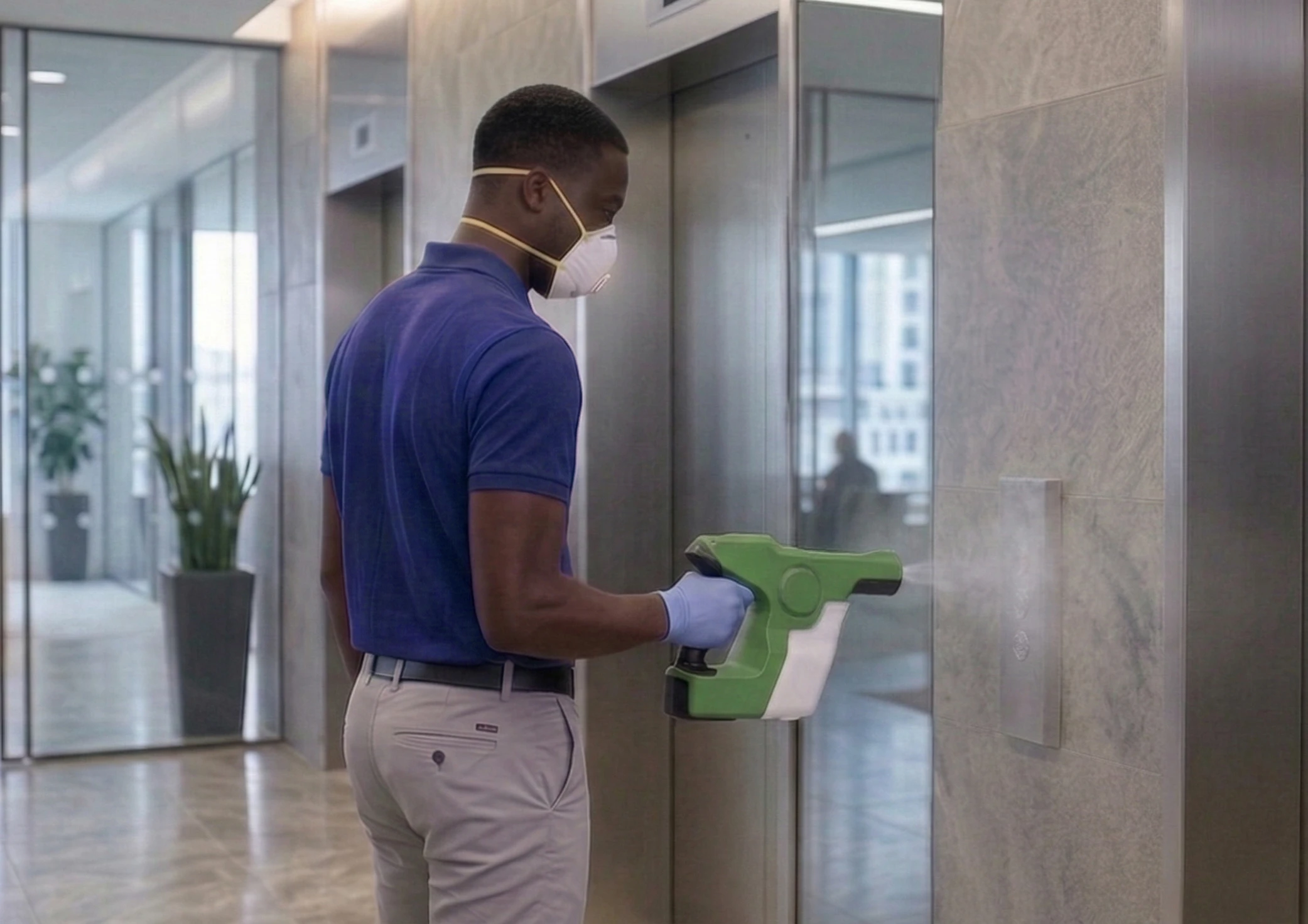 A Ttian team member disinfecting an elevator with an electrostatic sprayer