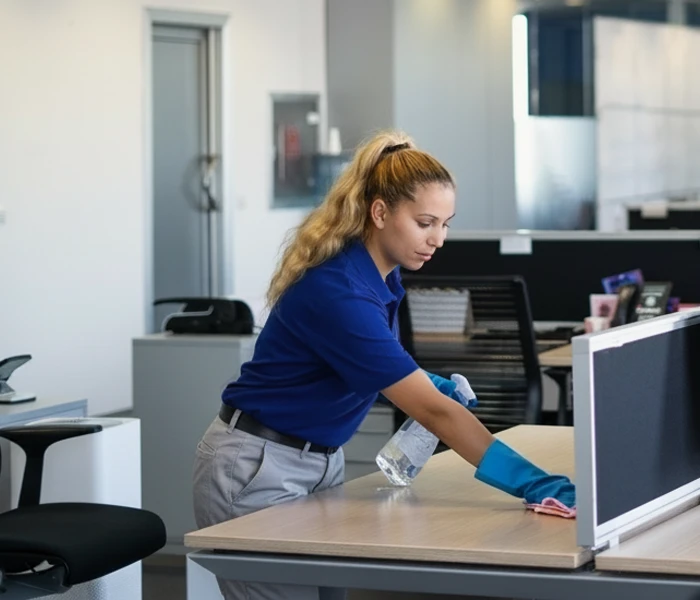A TBM employee cleaning an office
