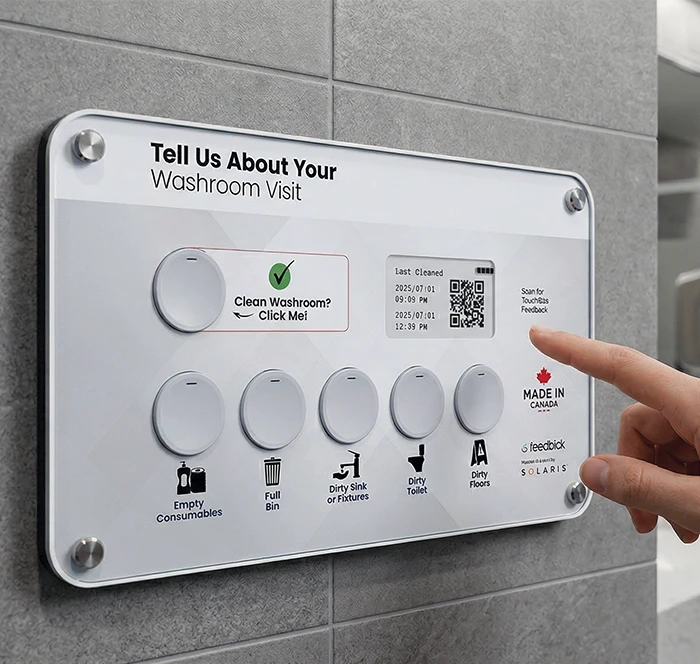 Feedbick washroom feedback and service tracking device installed in a commercial facility