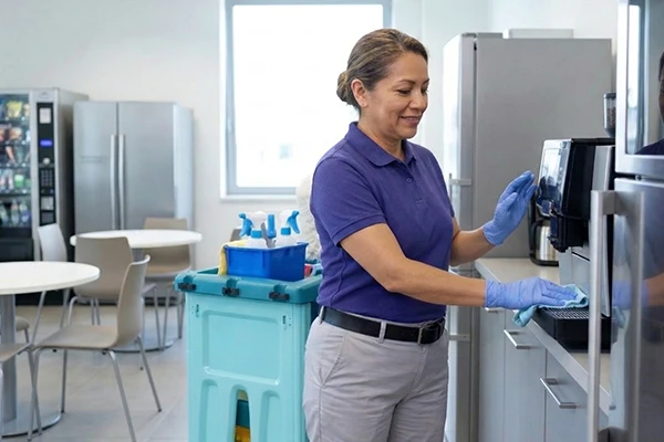 Professional office cleaner disinfecting a coffee machine