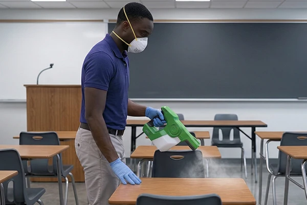 A Ttian team member disinfecting a school desk with an electrostatic sprayer