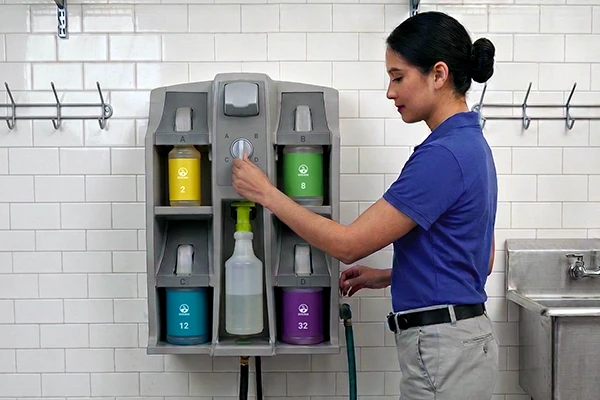 A professional cleaner from Titan Building Maintenance using a Green Cleaning dilution system