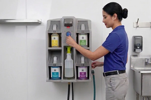 A professional cleaner from Titan Building Maintenance using a Green Cleaning dilution system