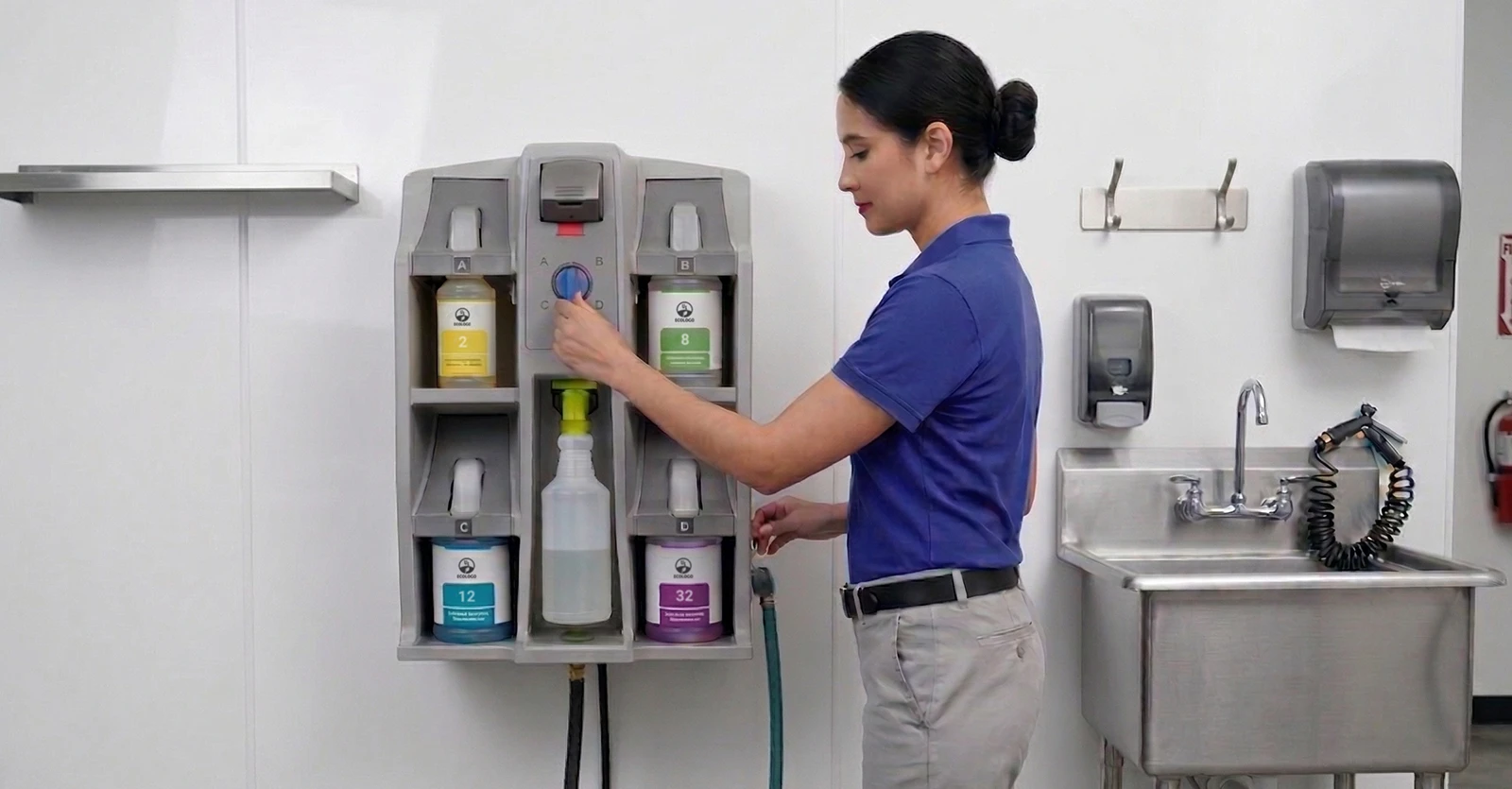 A professional cleaner from Titan Building Maintenance using a Green Cleaning dilution system